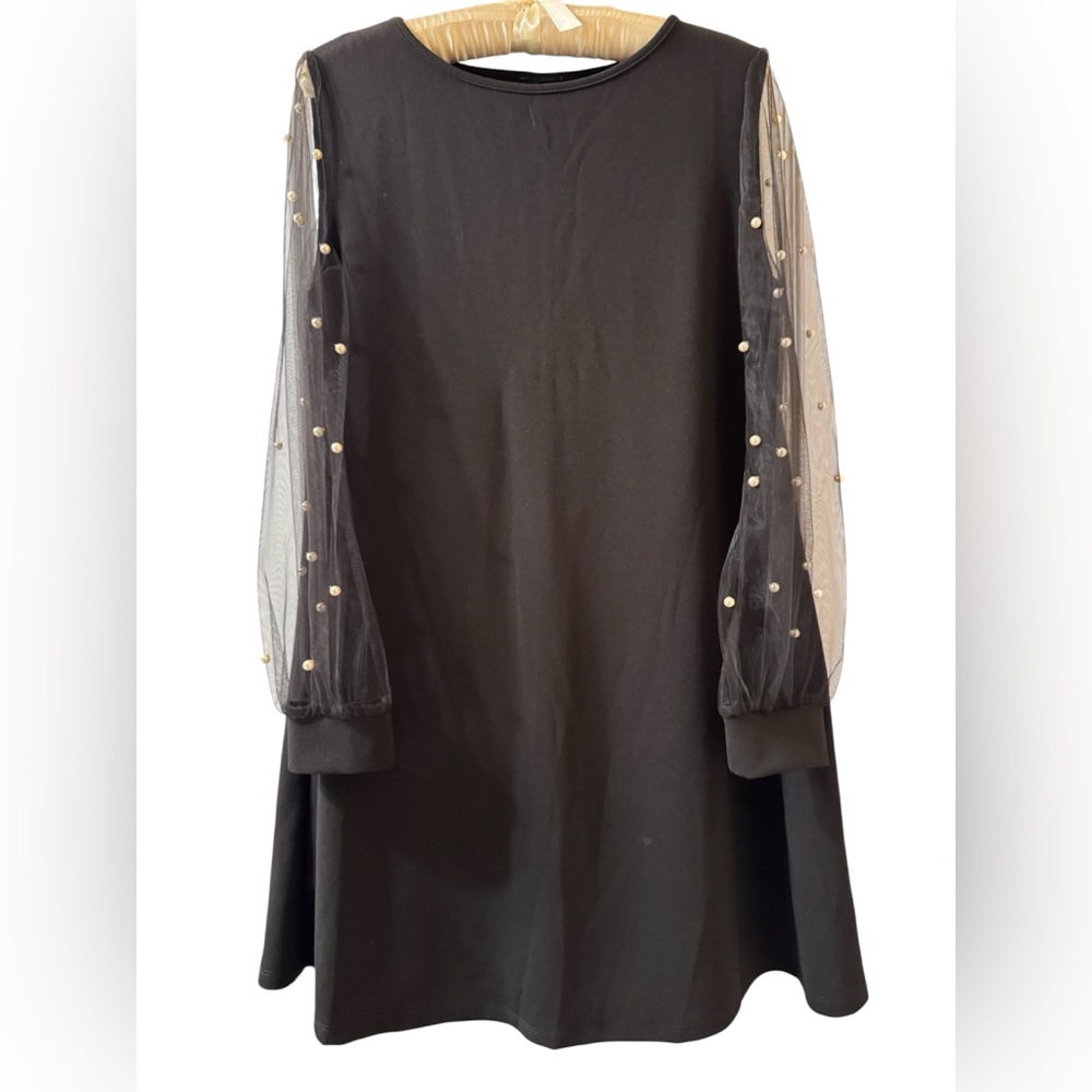 NWOT Black Dress with Sheer Pearl-Embellished Sleeves Size Medium